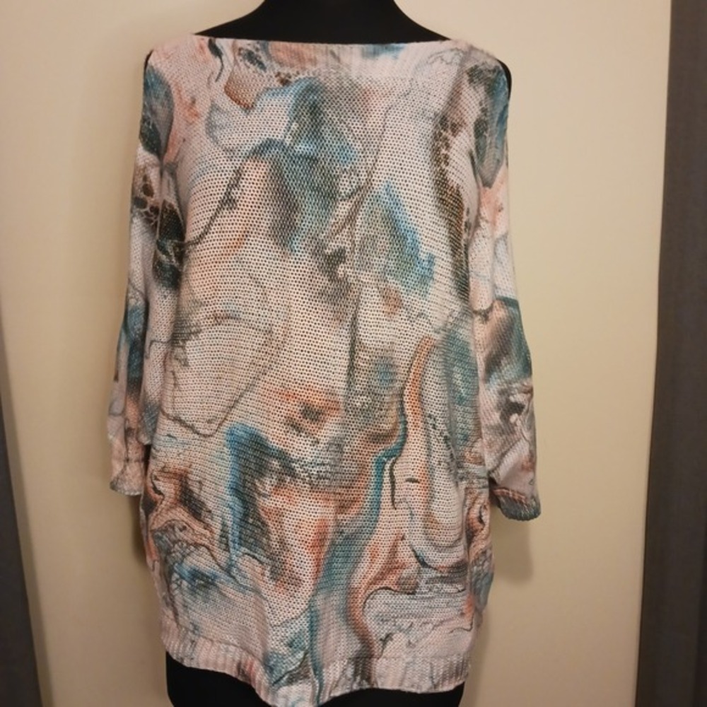 Luisa Ricci Multicolor Marble‎ Print Sweater Open Sleeve Knit Tunic Top Large